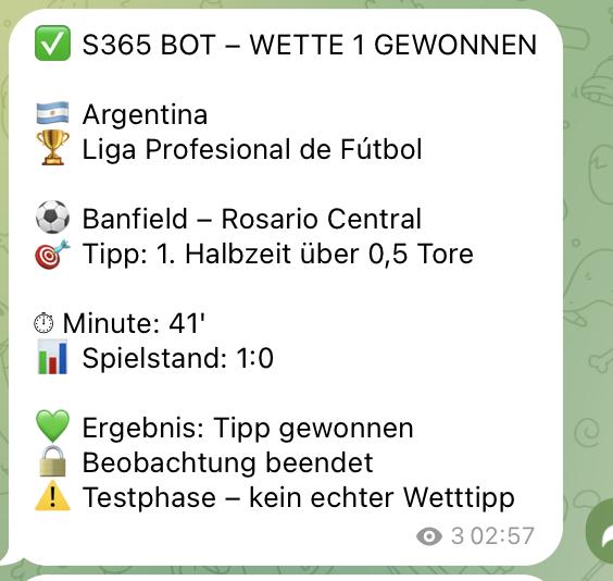S365 Bot-Signal: Banfield – Rosario Central, Tipp 1. Halbzeit über 0,5 Tore, gewonnen in der 41. Minute (Testphase – kein echter Wetttipp)